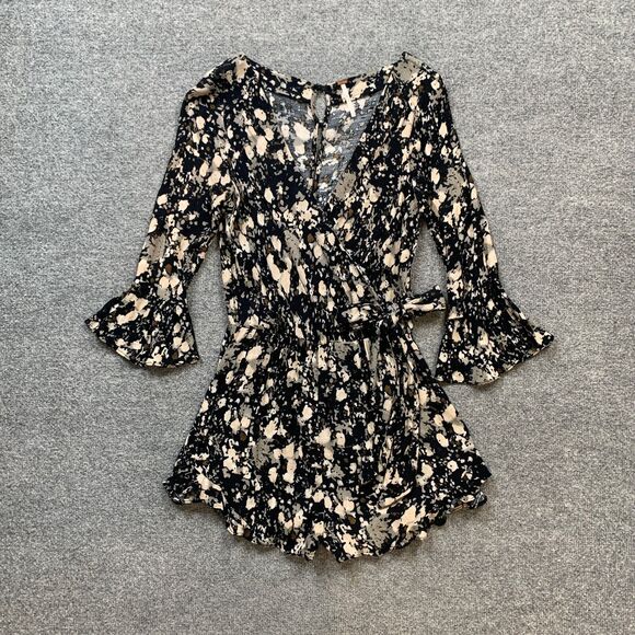 Free People Romper Women XS Extra Small All Right Raven Floral Ruffles Faux Wrap - Picture 2 of 13
